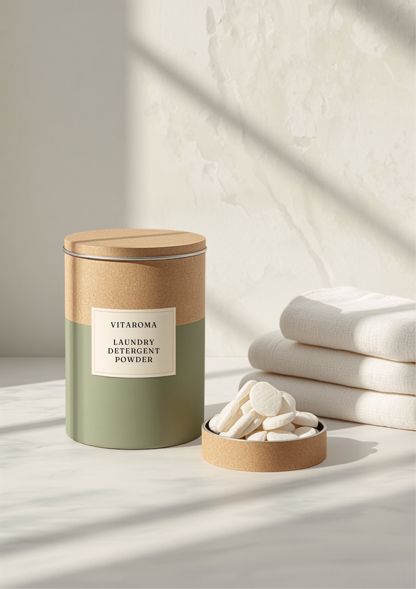 Vitaroma Complete Set: laundry detergent powder tub beside a tin of reusable dryer discs, with folded white towels