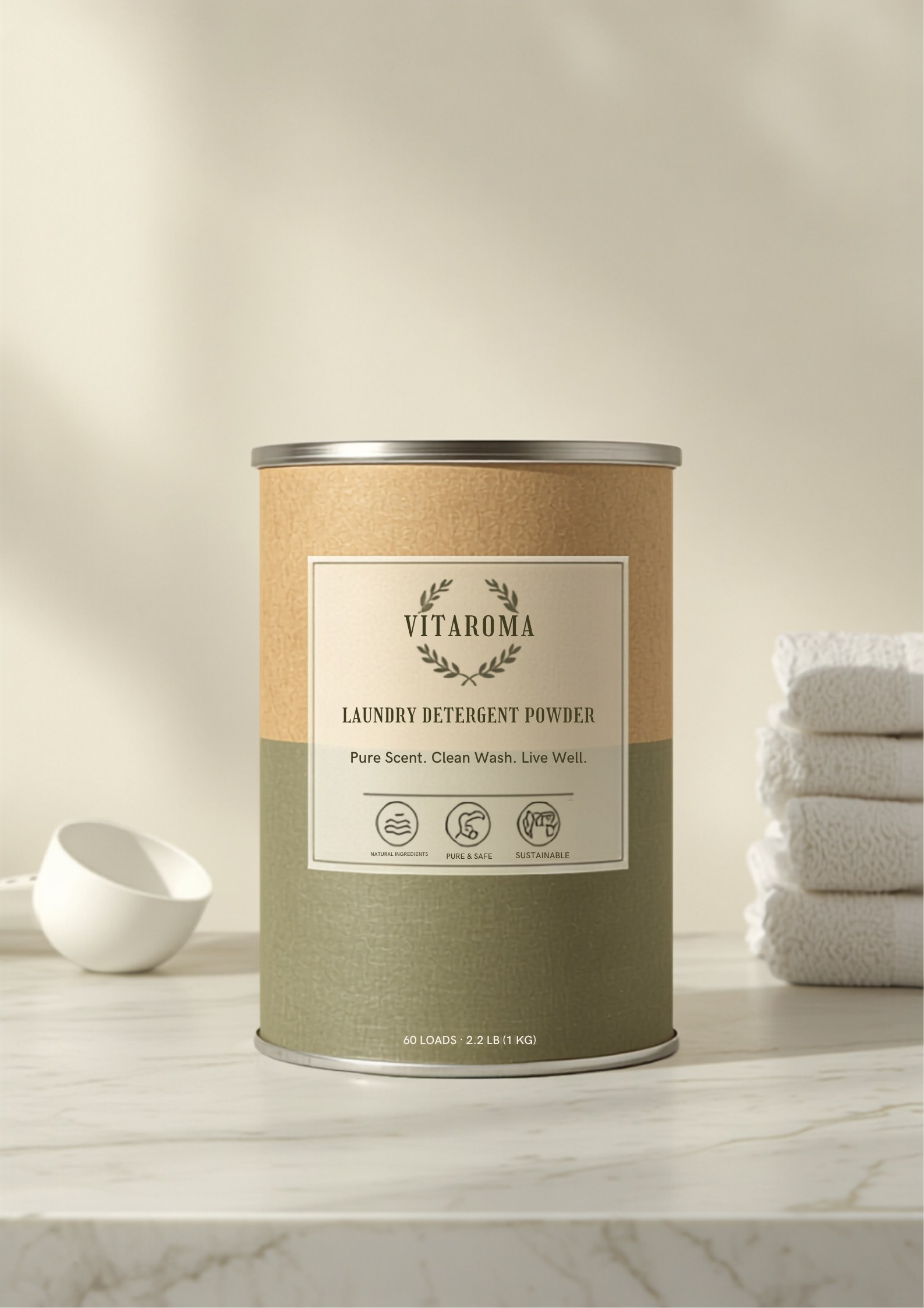 Vitaroma Laundry Detergent Powder — cylindrical cardboard tub with measuring scoop